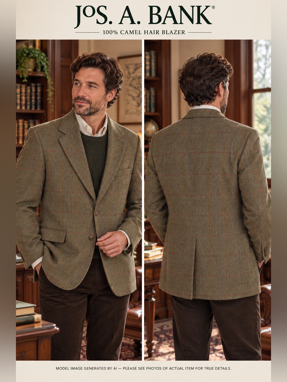 Jos A Bank Camel Hair 42R Sport Coat Herringbone Windowpane Blazer Luxury Office